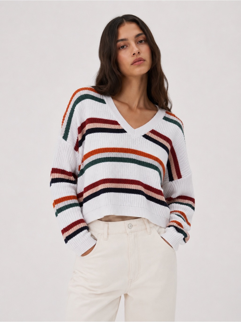 LA Hearts Striped Cotton V-Neck Chunky Knit Sweater | Size M